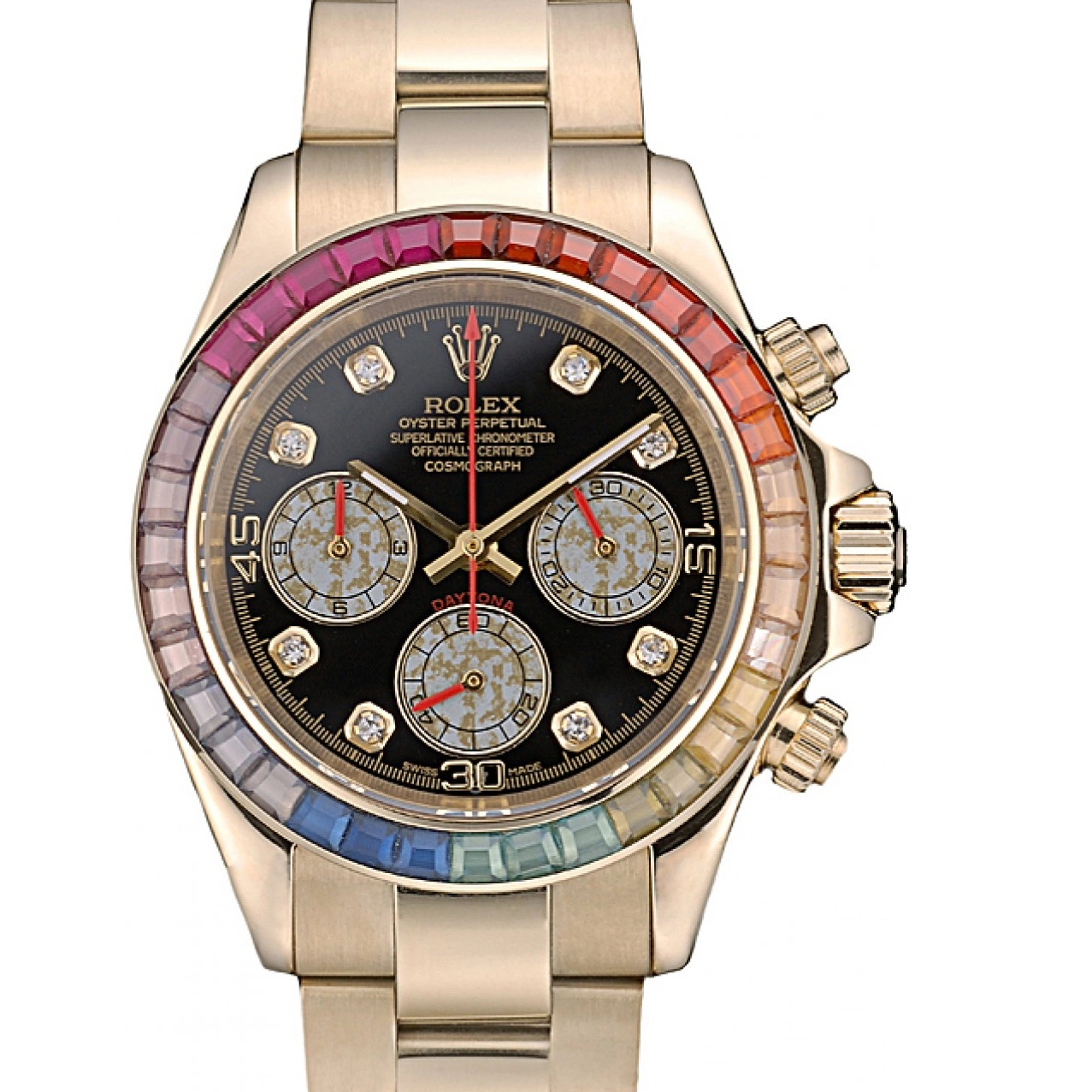 MiroTime 0719 Rolex Daytona Cosmograph Rainbow Crystals Bezel Rose Gold Strap Black Dial 80251